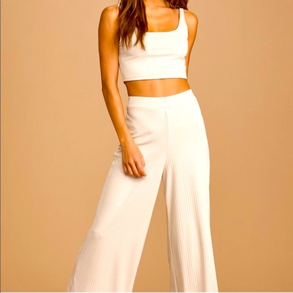 Pants - Lulus Let's Unwind Cream Ribbed Wide Leg Pants